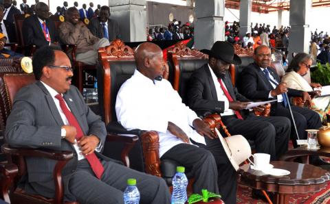 Presidents Mohamed Abdullahi Mohamed of Somalia, Yoweri Museveni of Uganda, Salva Kiir of South Sudan, Omar al-Bashir of Sudan, Sahle-Work Zewde of Ethiopia and South Sudan rebel leader Riek Machar attend peace celebrations at the John Garang's Mausoleum in Juba, South Sudan, October 31, 2018. PHOTO BY REUTERS/Jok Solomun