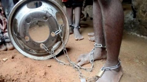 People with chained legs are pictured after being rescued from a building in the northern city of Kaduna, Nigeria September 26, 2019, in this grab obtained from a video. PHOTO BY REUTERS/TELEVISION CONTINENTAL