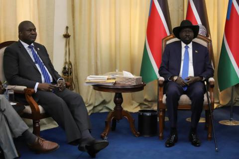 South Sudan's President Salva Kiir Mayardit sits with ex-vice president and former rebel leader Riek Machar before their meeting in Juba, South Sudan, September 11, 2019. PHOTO BY REUTERS/Samir Bol