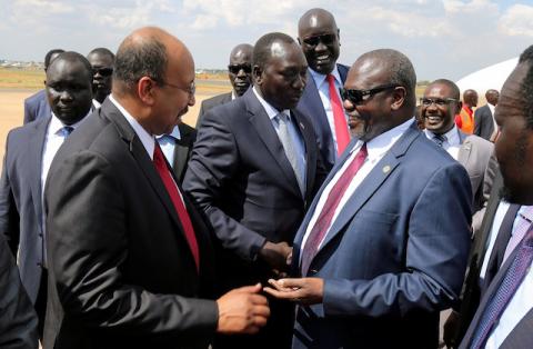 South Sudan's ex-vice President and former rebel leader Riek Machar is received as he arrives at the Juba International Airport, in Juba, South Sudan, February 17, 2020. PHOTO BY REUTERS/Jok Solomun