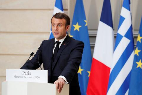 French President Emmanuel Macron and Greek Prime Minister Kyriakos Mitsotakis (not pictured) attend a joint statement at the Elysee Palace in Paris, France, January 29, 2020. PHOTO BY REUTERS/Benoit Tessier