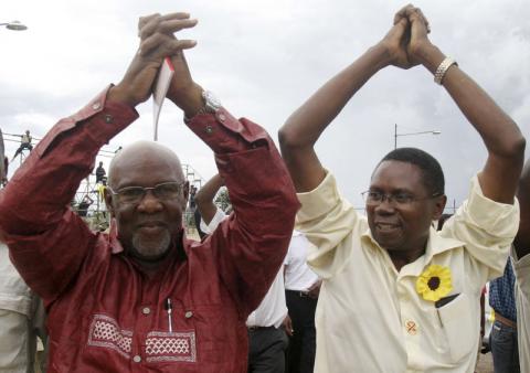 Independent presidential candidate Makoni salute supporters during the launch of his presidential election campaign in Bulawayo. PHOTO BY REUTERS