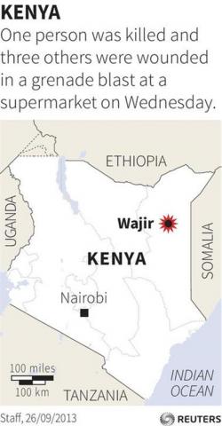 Map locating the town of Wajir, Kenya, where a grenade was thrown at a supermarket killing one and wounding others.