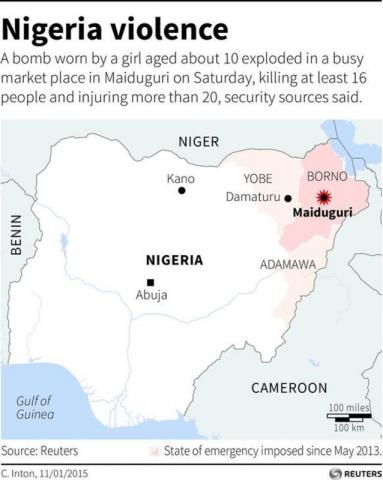 Map locating Maiduguri, where a bomb worn by a girl aged about 10 exploded in a busy market place on Saturday, killing at least 16 people.