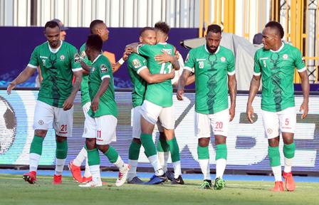 Madagascar's Marco Ilaimaharitra celebrates scoring their first goal with team mates. PHOTO BY REUTERS/Suhaib Salem