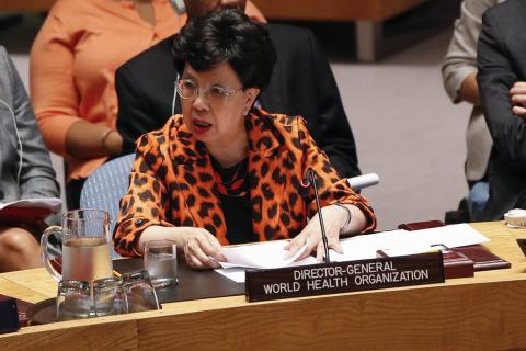 Dr. Margaret Chan, Director of the World Health Organization, speaks to members of the Security Council during a meeting on the Ebola crisis at the U.N. Headquarters in New York