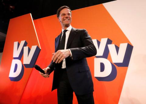 Dutch Prime Minister Mark Rutte of the VVD Liberal party appears before his supporters in The Hague, Netherlands, March 15, 2017. PHOTO BY REUTERS/Yves Herman