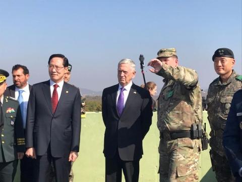 U.S. Defense Secretary Jim Mattis and his South Korean counterpart Song Young-moo peer into North Korea from Observation Post Ouellette in the demilitarized zone separating North and South Korea, October 27, 2017. PHOTO BY REUTERS/Phil Stewart