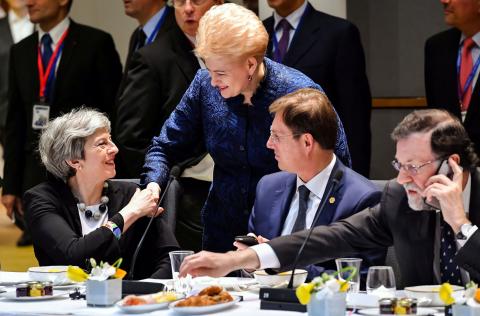 Britain's Prime Minister Theresa May, Lithuania's President Dalia Grybauskaite, Slovenia's Prime Minister Miro Cerar and Spain's Prime Minister Mariano Rajoy attend a European Union leaders summit in Brussels, Belgium, March 23, 2018. PHOTO BY REUTERS/Geert Vanden Wijngaert