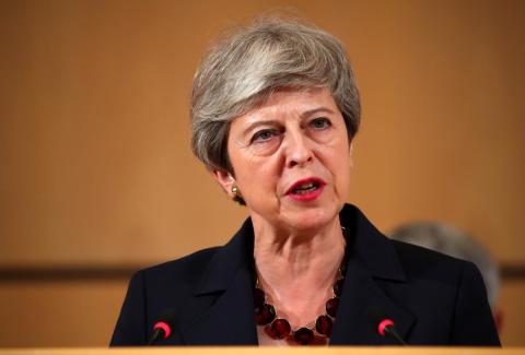 Britain's Prime Minister Theresa May speaks at the International Labour Organization's annual labour conference in Geneva, Switzerland, June 11, 2019. PHOTO BY REUTERS/Denis Balibouse