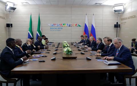 Delegations, led by Russian President Vladimir Putin and South African President Cyril Ramaphosa, meet on the sidelines of the Russia–Africa Summit in Sochi, Russia, October 23, 2019. PHOTO BY REUTERS/Sputnik/Mikhail Metzel/Kremlin 