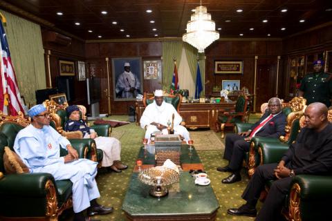 Gambian President Yahya Jammeh attends a meeting with a delegation of West African leaders during the election crisis mediation at the presidential palace in Banjul, Gambia, December 13, 2016. PHOTO BY REUTERS/Stringer