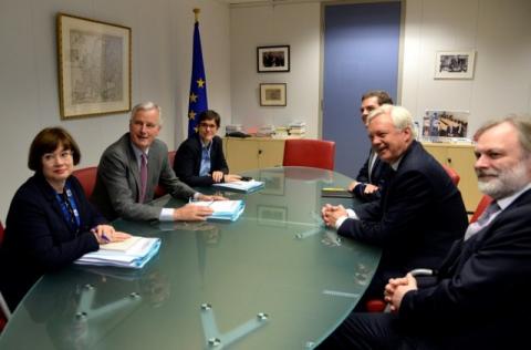 European Union's chief Brexit negotiator Michel Barnier and his delegation and Britain's Secretary of State for Exiting the European Union David Davis and his delegation attend a first full round of talks on Britain's divorce terms from the European Union, in Brussels, Belgium, July 17, 2017. PHOTO BY REUTERS/Thierry Charlier