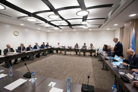 General view at the start of a meeting between UN Special Envoy for Syria Staffan de Mistura and Syrian government delegation, during the UN-led Intra-Syrian talks in Geneva, Switzerland, November 30, 2017. REUTERS/Xu Jinquan