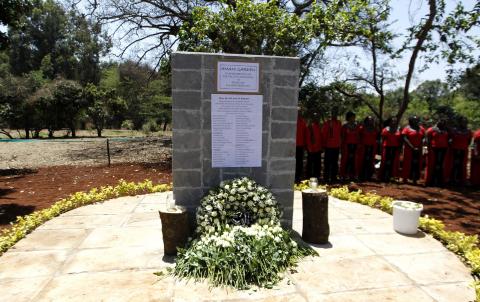 A memorial plaque stands at the Amani Garden within the Karura forest for the victims killed during the Westgate shopping mall attack one month earlier in Kenya's capital Nairobi