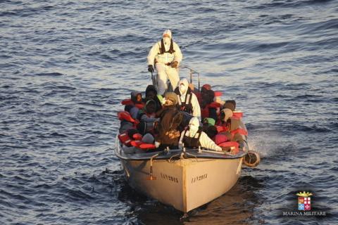 Migrants are rescued by the Italian Navy in the Mediterranean Sea, in this picture released on January 28, 2016 by Italian Navy. PHOTO BY REUTERS/Italian Navy