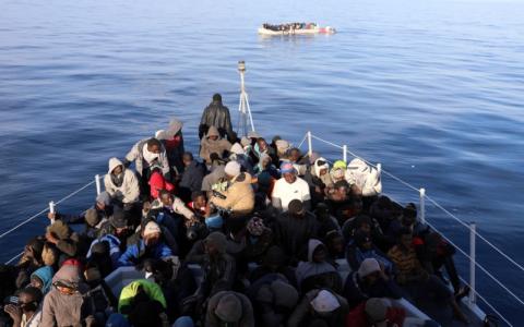 Migrants are seen as they are rescued by Libyan coast guards in the Mediterranean Sea off the coast of Libya, January 15, 2018. PHOTO BY REUTERS/Hani Amara