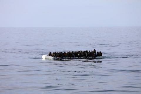 Migrants are seen in a rubber dinghy as they are rescued by Libyan coast guards in the Mediterranean Sea off the coast of Libya, January 15, 2018. PHOTO BY REUTERS/Hani Amara