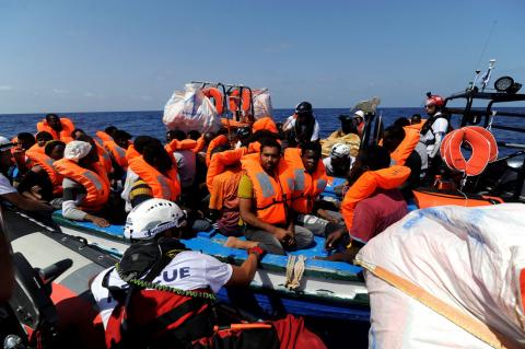 Migrants are rescued by SOS Mediterranee organisation and Doctors Without Borders during a search and rescue (SAR) operation with the MV Aquarius rescue ship in the Mediterranean Sea, off the Libyan Coast, August 10, 2018. PHOTO BY REUTERS/Guglielmo Mangiapane