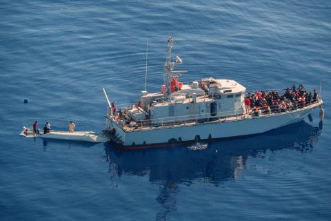 Aerial view shows Libya's coast guard ship with migrants on deck, in Search and Rescue (SAR) zone off Libya's coast May 11, 2019, as seen from Germany's Sea-Watch humanitarian organisation's Moonbird aircraft. PHOTO BY REUTERS/Sea-Watch.org