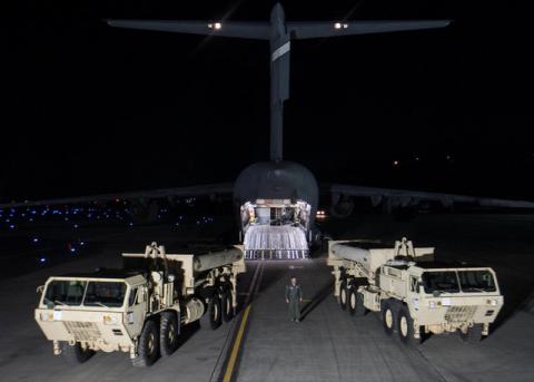 Terminal High Altitude Area Defense (THAAD) interceptors arrive at Osan Air Base in Pyeongtaek, South Korea, in this handout picture provided by the United States Forces Korea (USFK) and released by Yonhap on March 7, 2017. PHOTO BY REUTERS/USFK/Yonhap 