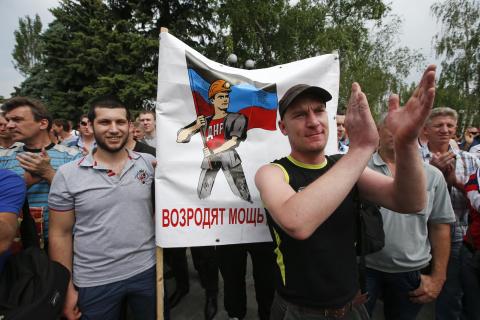 Miners from around the region take part in a demonstration in support of the self-proclaimed "Donetsk People's Republic" in Donetsk