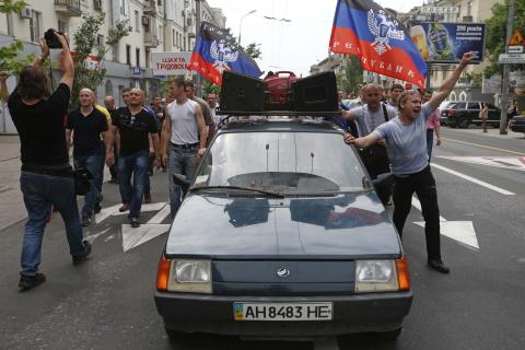 Miners from around the region walk during a demonstration in support of the self-proclaimed "Donetsk People's Republic" in Donetsk
