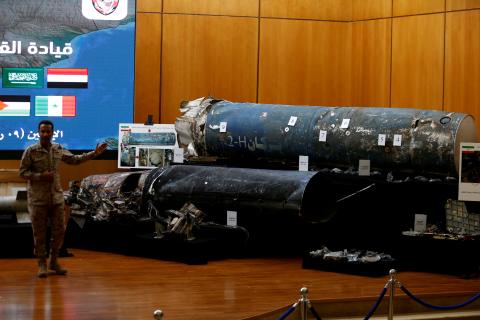 Saudi-led coalition spokesman Colonel Turki al-Malki displays missiles during a news conference in Riyadh, Saudi Arabia, March 26, 2018. PHOTO BY REUTERS/Faisal Al Nasser