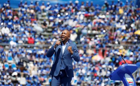 Leader of South African opposition party, the Democratic Alliance (DA) Mmusi Maimane speaks during the party's election manifesto launch in Johannesburg, South Africa, February 23, 2019. PHOTO BY REUTERS/Siphiwe Sibeko