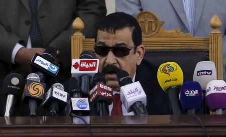 Head of Giza Criminal Court, Judge Mohamed Nagy Shehata speaks during the trial of Muslim brotherhood leaders in Cairo, April 11, 2015. PHOTO BY REUTERS/Amr Abdallah Dalsh