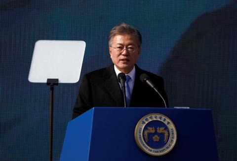 South Korean President Moon Jae-in delivers a speech during a ceremony celebrating the 99th anniversary of the March First Independence Movement against Japanese colonial rule, at Seodaemun Prison History Hall in Seoul, South Korea, March 1, 2018. PHOTO BY REUTERS/Kim Hong-Ji