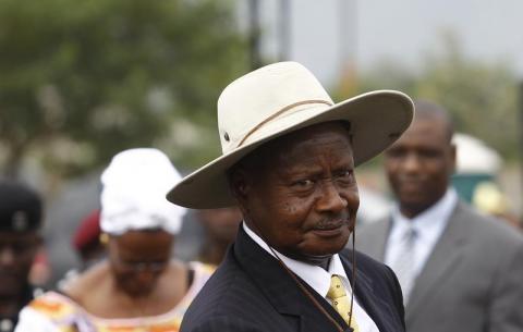 Uganda's President Yoweri Museveni arrives for an anniversary parade in Kasese town, 497km (309 miles) west of Uganda's capital Kampala