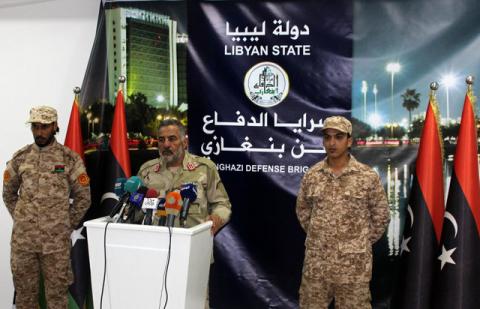 Benghazi Defence Brigades leader Mustafa al-Sharksi attends a news conference, Libya, March 6, 2017. PHOTO BY REUTERS/Stringer