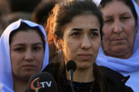 Nobel Peace Prize laureate, Yazidi activist Nadia Murad talks to people during her visit to Sinjar, Iraq, December 14, 2018. PHOTO BY REUTERS/Ari Jalal