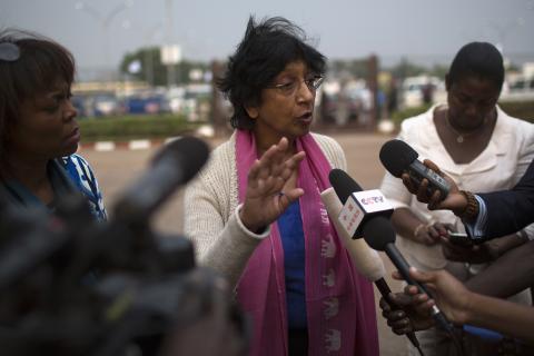 United Nations High Commissioner for Human Rights Navi Pillay addresses media on her arrival at the airport of the capital Bangui