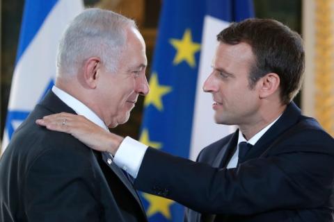 French President Emmanuel Macron and Israeli Prime Minister Benjamin Netanyahu react after making a joint declaration at the Elysee Palace in Paris, France, July 16, 2017. PHOTO BY REUTERS/Stephane Mahe