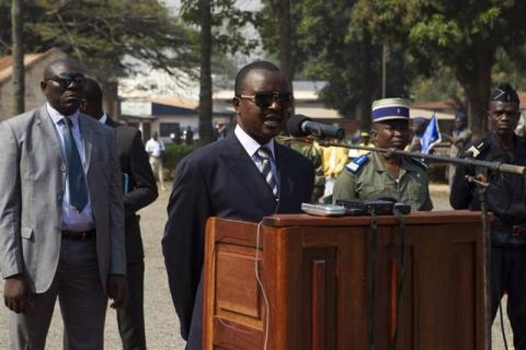 Central African transitional parliament chief (CNT) Alexandre-Ferdinand Nguendet, the head of Central African Republic's (CAR) transitional assembly, gives a speech at the Gendarmerie headquarters in Bangui