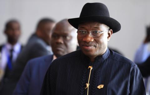 Nigeria's President Goodluck Jonathan arrives for the extraordinary session of the African Union's Assembly of Heads of State and Government