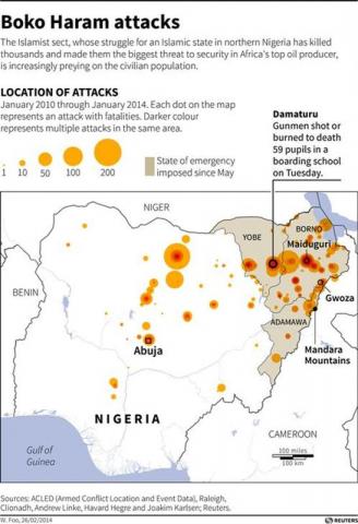 Map of Nigeria showing fatalities as a result of attacks by Boko Haram from 2010 to January 2014.