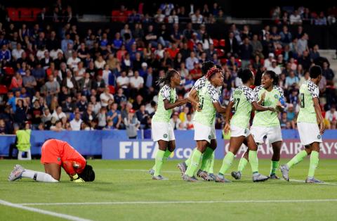 Nigeria's Chiamaka Nnadozie celebrates saving a penalty. PHOTO BY REUTERS/Stephane Mahe