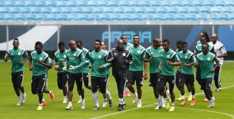 Nigeria's national soccer players attend a training session at the Arena do Gremio stadium in Porto Alegre