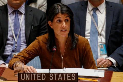 U.S. Ambassador to the United Nations Nikki Haley speaks for a bid to renew an international inquiry into chemical weapons attacks in Syria, during a meeting of the U.N. Security Council at the United Nations headquarters in New York, U.S., November 17, 2017. PHOTO BY REUTERS/Brendan McDermid