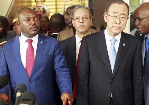 Burundi's President Pierre Nkurunziza (L) and the United Nations Secretary-General Ban Ki-moon address a news conference in the capital Bujumbura, February 23, 2016. PHOTO BY REUTERS/Evrard Ngendakumana