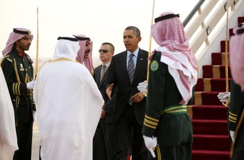 U.S. President Barack Obama is greeted upon his arrival in Riyadh
