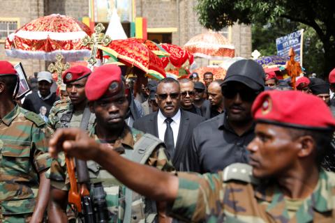 Ethiopia's deputy prime minister Demeke Mekonnen (C) attends the funeral of Amhara president Ambachew Mekonnen and two other officials who where killed in an attack in the town of Bahir Dar, Amhara region, Ethiopia June 26, 2019. PHOTO BY REUTERS/Baz Ratner To match