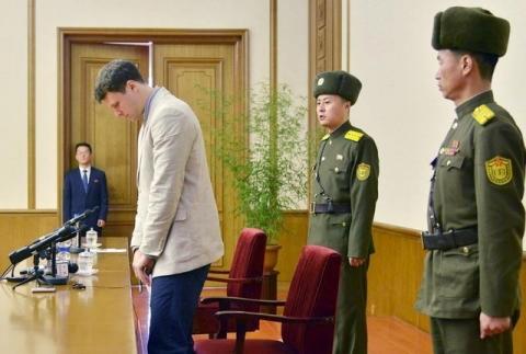 Otto Frederick Warmbier (3rd R), a University of Virginia student who has been detained in North Korea since early January, attends a new conference in Pyongyang, North Korea, February 29, 2016. PHOTO BY REUTERS/Kyodo