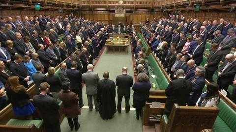 Members of Parliament stand for a minute's silence the morning after an attack in Westminster, London Britain, March 23, 2017. PHOTO BY REUTERS/Parliament TV