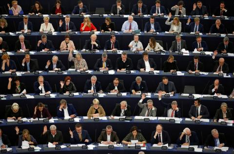 Members of the European Parliament take part in a voting session on modifications to EU copyright reforms at the European Parliament in Strasbourg, France, March 26, 2019. PHOTO BY REUTERS/Vincent Kessler