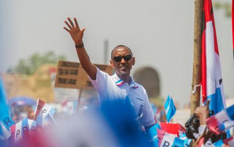 Rwandan President Paul Kagame of the ruling Rwandan Patriotic Front (RPF) waves to his supporters during his final campaign rally in Kigali, Rwanda, August 2, 2017. PHOTO BY REUTERS/Jean Bizimana