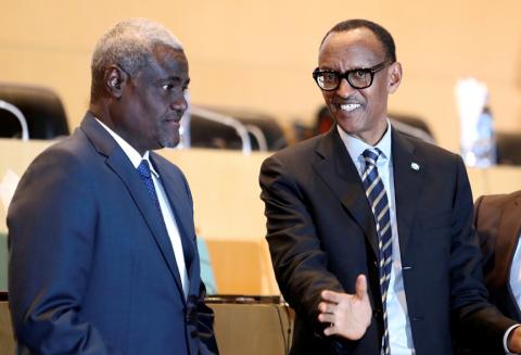 Rwandan President Paul Kagame talks to African Union Chairperson Moussa Faki Mahamat during the High Level Consultation Meetings of Heads of State and Government on the situation in the Democratic Republic of Congo at the African Union Headquarters in Addis Ababa, Ethiopia, January 17, 2019. PHOTO BY REUTERS/Tiksa Negeri